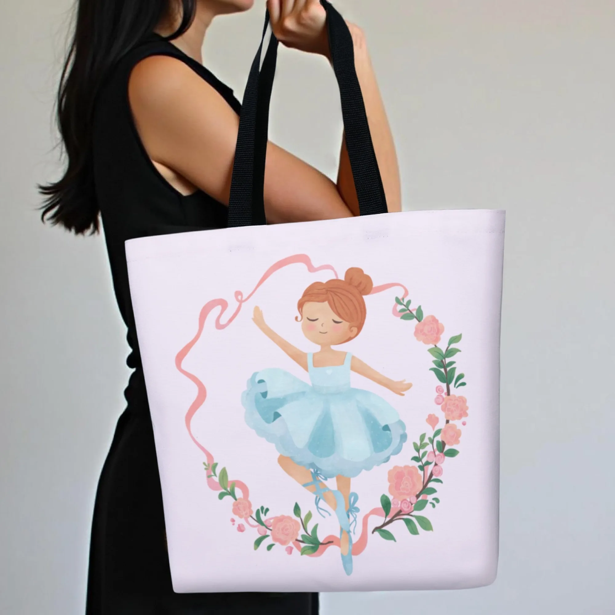 

1 Pc Pink Blue Ballet Girl & Floral Print Double-Sided Tote Bag Reusable Durable Casual Shopping Bag for Women Playful Design
