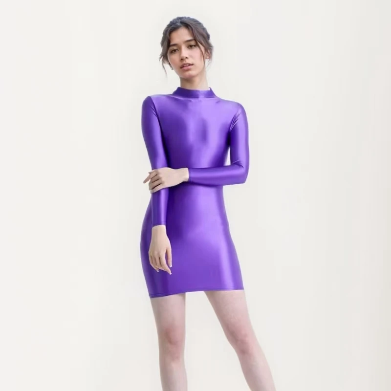 

KNOWN DREAM Dress Close-fitting Silky Gloss Smooth High Flexibility Elegance Sexy High Neck Long Sleeved Shirt