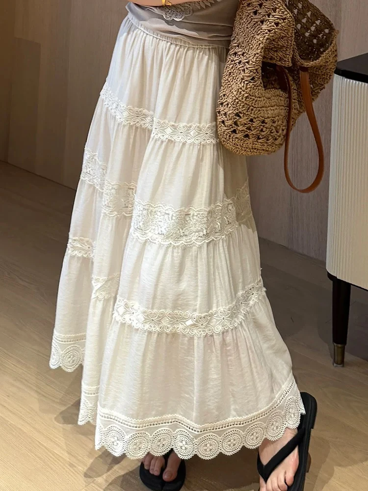 

Белая юбка А-силуэта с кружевной отделкой и эластичным поясом, женская, летняя, повседневная, с цветочным узором, премиум-класса