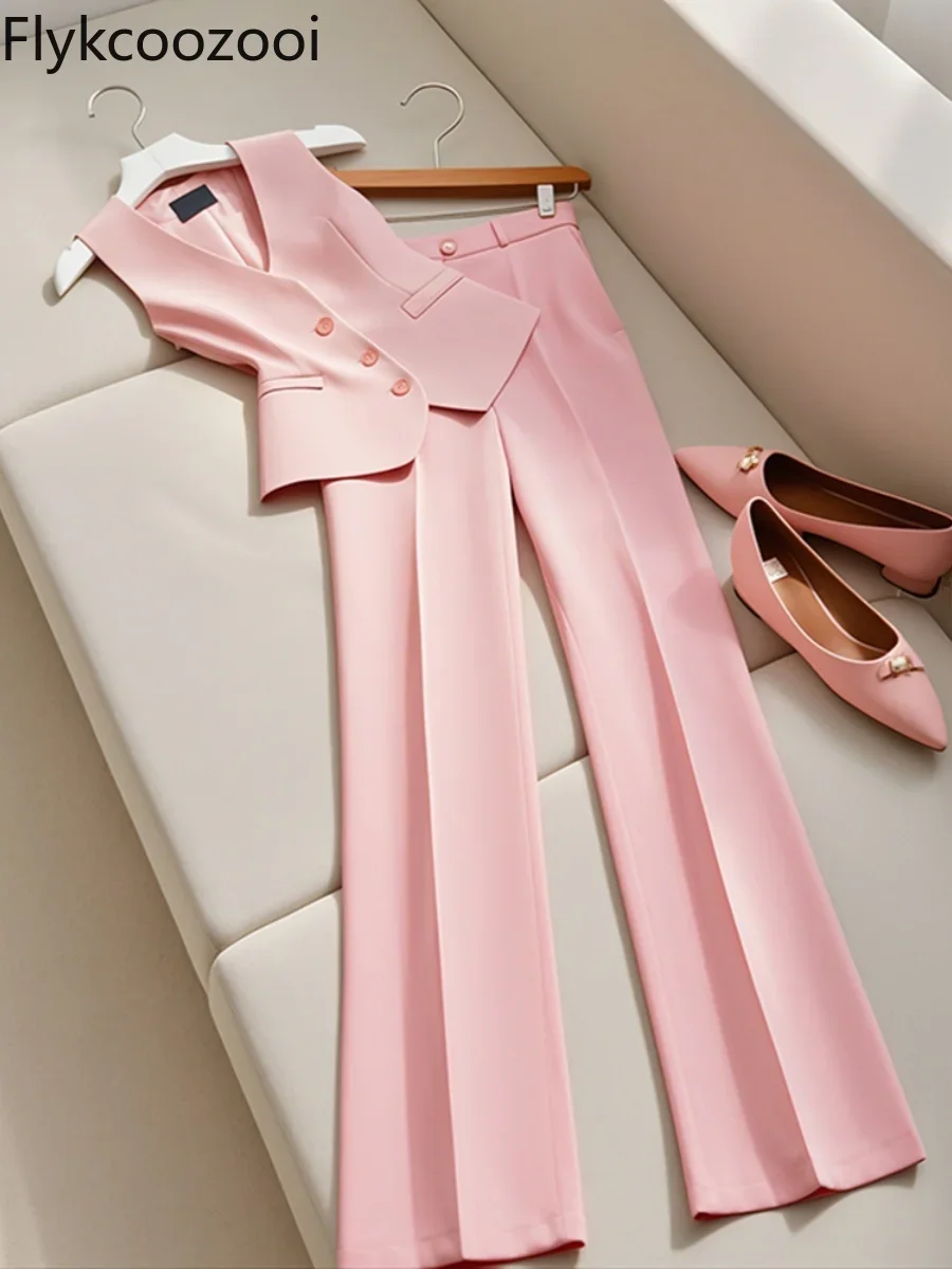 Advanced Sense of Elegant Pink Suit Vest Pants Two Pieces Fashion Sets Female Summer Ensemble Femme 2 Pièces Été