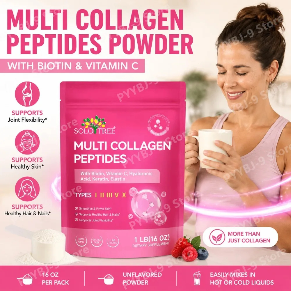 SOLOTREE Multi Collagen Peptides Powder with Biotin Hyaluronic Acid Vitamin C Supports Healthy Hair Skin Nails Joints 1 Pound
