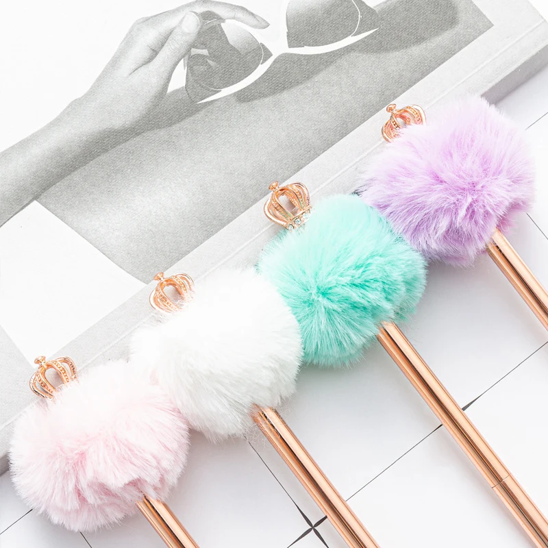 5pcs  Fresh Plush Ball Metal Ballpoint Pen Crown Flamingo Swan Various Styles of Plush Ball Pens School Office Stationery Gifts