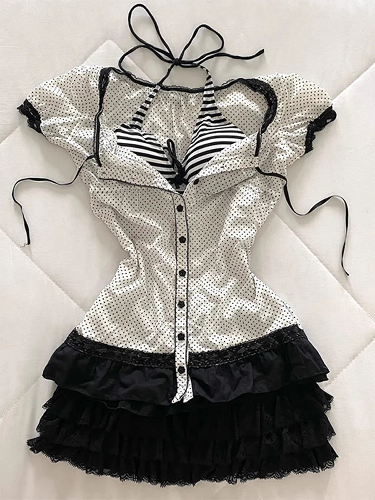 

Original Vintage White Polka Dot irt Women's Summer Faion American Retro Top Trendy Casual Fit ort Sve V-ne
