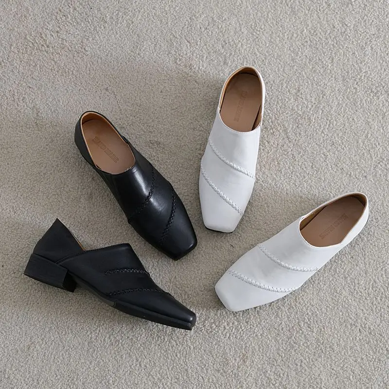 ANOVISHANA Designer Genuine Leather Female Low-Cut Shoes Clean Square Toe Slip Roman Style Loafer Shoes Footwear Extended
