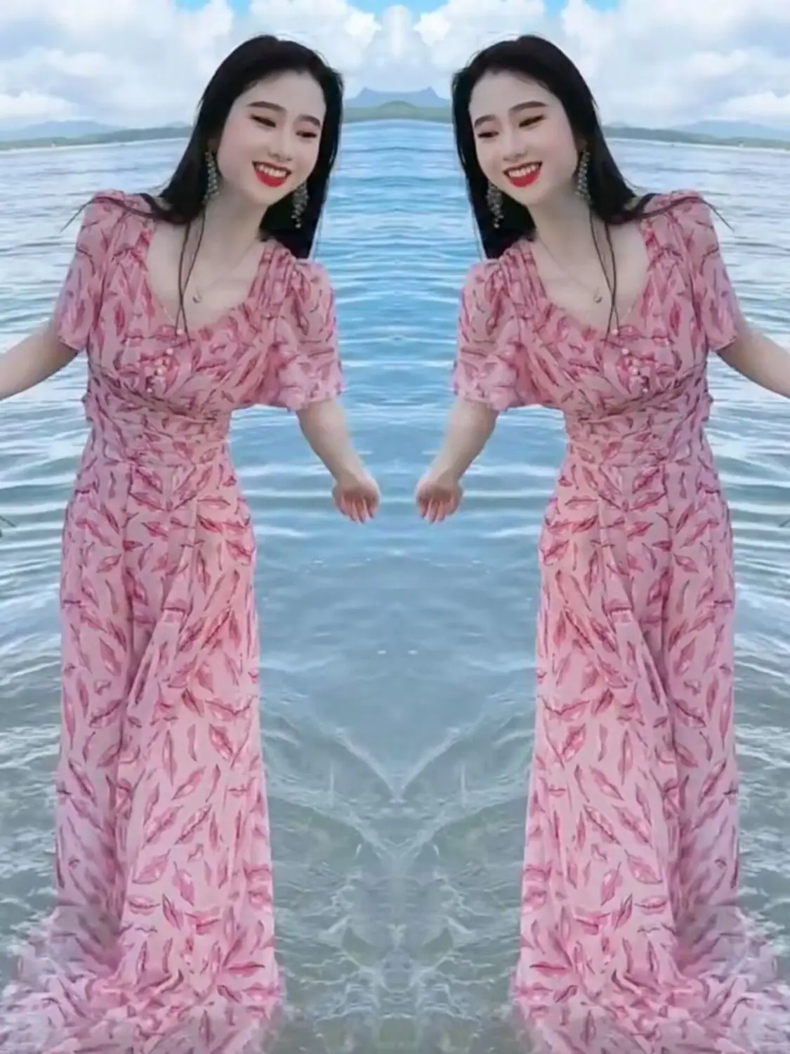 New Summer Fashion Printed Holidays Beach Two Piece Set Women Chiffon V-neck Short Sleeve Slim Top + Wide Leg Pants Outfit