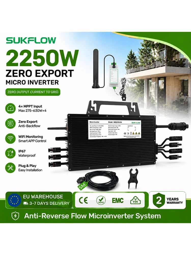 SUKFLOW Zero Export 2250W Mikro-Wechselrichter MPPT Solar-Netzwechselrichter mit Begrenztem Sensor, WLAN-Überwachung, Balkon-Solarsystem