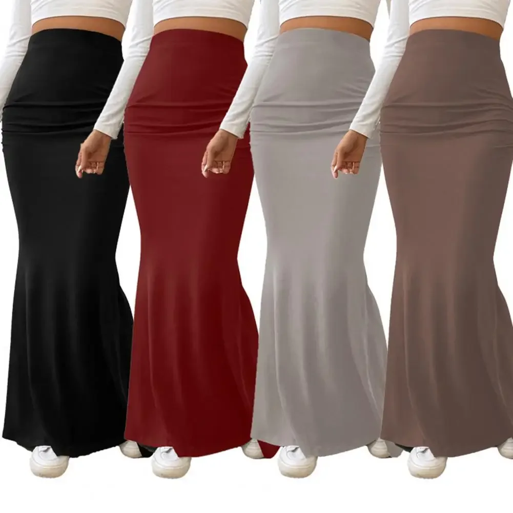 

Women Maxi Skirt Solid Color High Waist Knitted Women's Fishtail Skirt Long Skirt Spring Autumn Elegant Shirring Design Skirts
