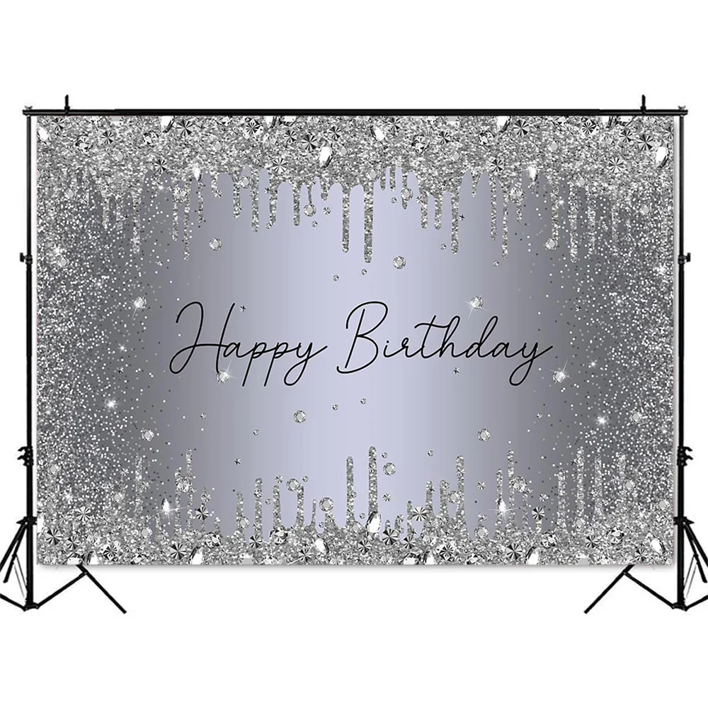 Gray Glitter Birthday Photography Backdrop Sliver Diamonds Happy Birthday Photo Background Photocall Newborn Kids Portrait Props