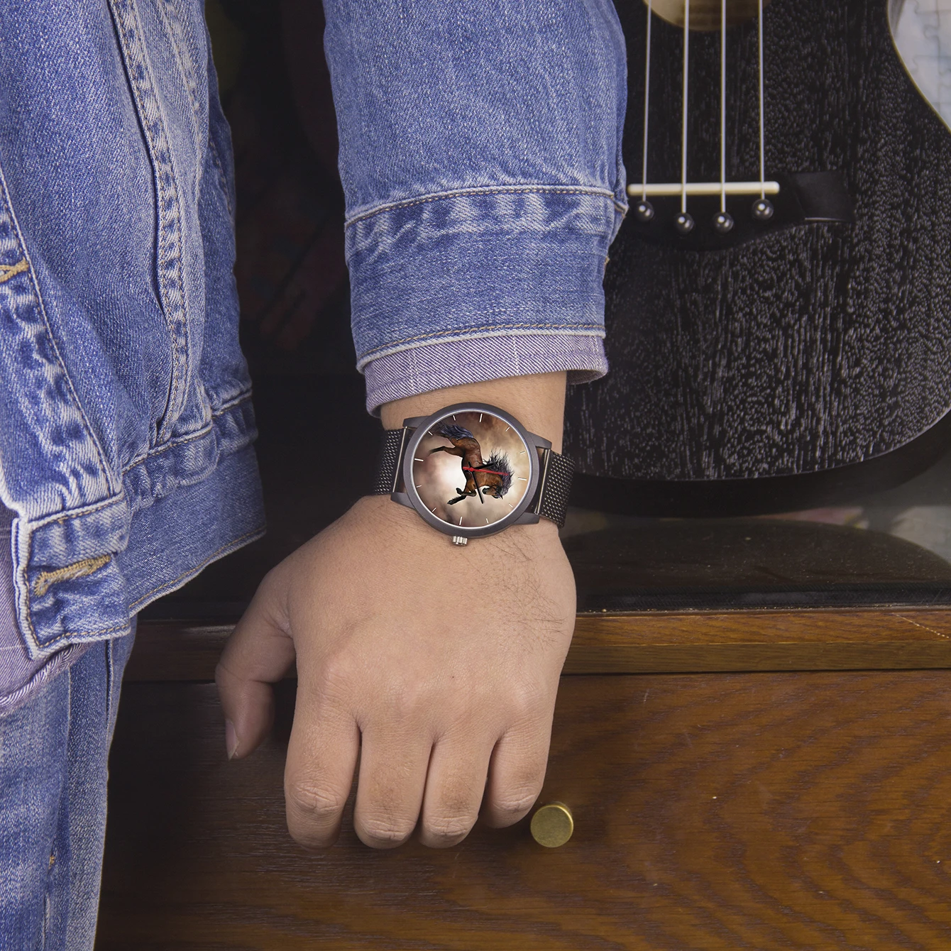 2024 Customize Quartz Wrist Men\'s Watch 3Hands Horse Steed Mustang Design Punk Cool Style Scarves Gift Souvenir