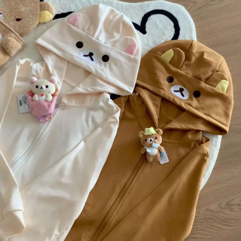 Sudadera con capucha de dibujos animados Rilakkumaed para mujer, sudadera con cremallera, orejas de oso de peluche, chaqueta de manga larga,