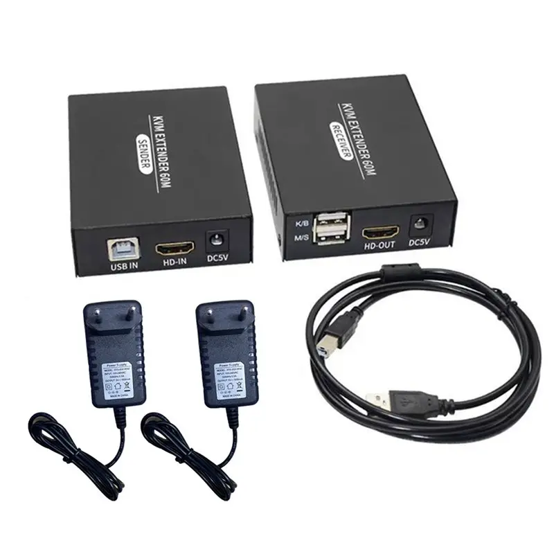 AA84 5Pcs 60M -Compatible KVM Extender -Compatible USB KVM Ethernet Extender Transmitter Receiver EU Plug