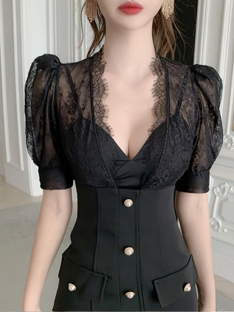 New Arrival Fashion Bodycon Night Club Party Dress Women Elegant Summer Sexy Perspective Lace Temperament OL Black Mini Dress