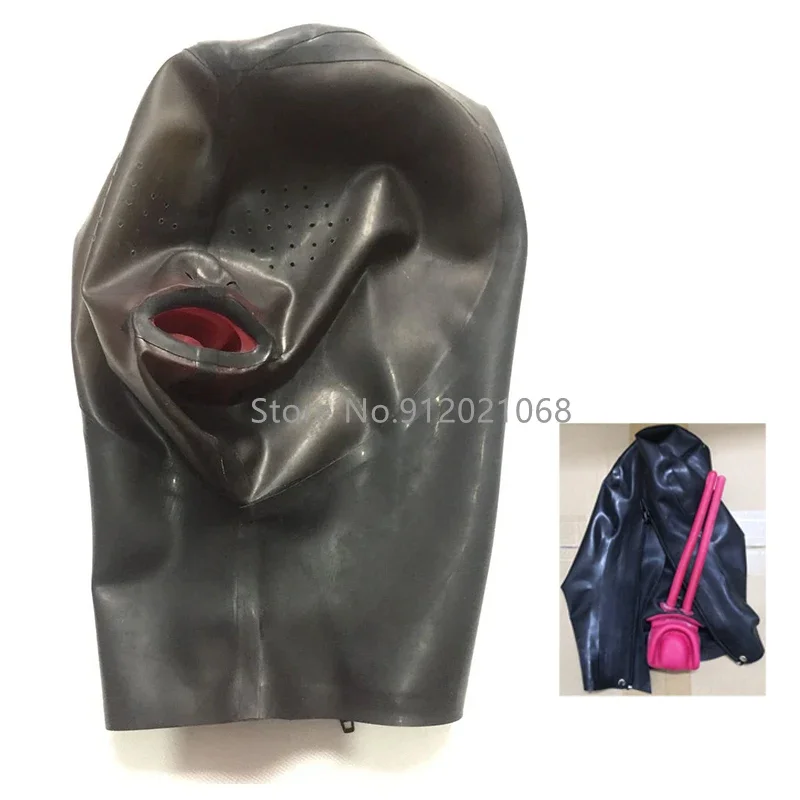 Latex Rubber Hood with Long Nose Tube Teeth Gag Mini Eye Hole Back Zip Handmade Fetish Mask for Men Women (Open  Mouth Type)