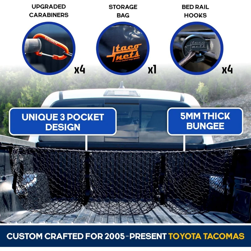 

For Toyota Tacoma 2005-2024 Three Pocket Cargo Net Premium Truck Bed Organizer Storage Grocery Holder Patented Design