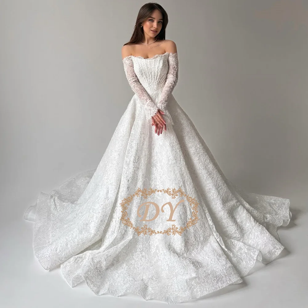 DY Luxuriöses schulterfreies Spitzen-A-Linien-Hochzeitskleid mit langen Ärmeln und Fischgrätenmuster, maßgeschneidertes, dezentes Brautkleid 2026