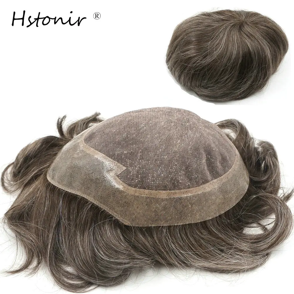 هستونير 8x10" 520 # بني مع 20% شعر رمادي للرجال شعر ريمي هندي بشري شعر مستعار أحادي الدانتيل قطعة شعر يدوية الصنع H005 #1