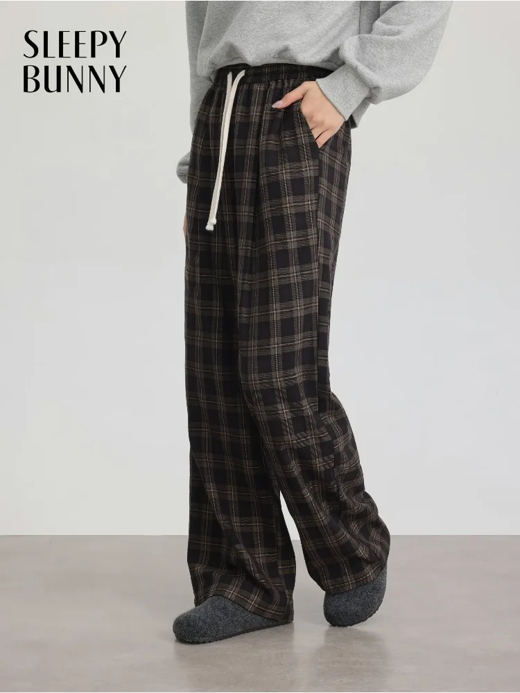 High Waist Plaid Wide Leg Pants for Women Vintage Drawstring Loose Trousers Casual Checkered Long Pants for Autumn Daily Outfits