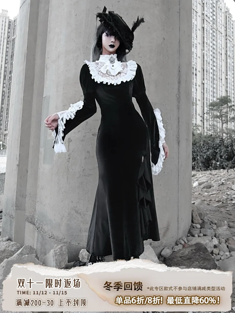 

Gothic Medieval Halloween Vampire Heavyweight Work Velvet Long Fishtail Dress