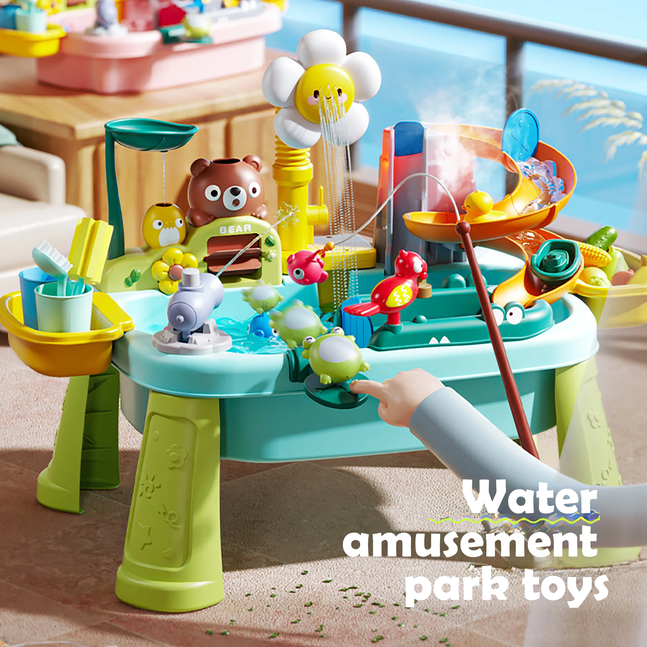 

Play House Toy Electric Dishwashing Table Volcanic Spray Sunflower with Feet Electric Water Outlet Automatic Water Circulation System Kidsren's Sink Toys, Food Kitchen Accessories Sink Fishing Game Toys