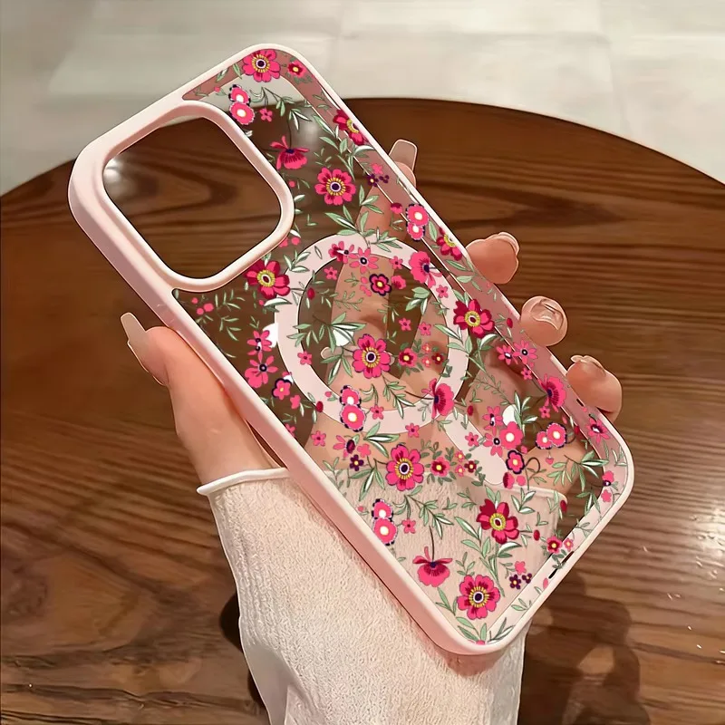 Green Leaf and Pink Flower Pattern Magnetic Phone Case For Samsung Galaxy S26 S24 S23 S25 Ultra FE S22 Plus Clear Cover