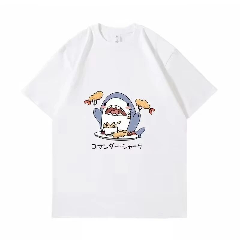 Unisex Cute Cartoon Shark Eating Fried Food Graphic T‑Shirt Short Sleeve Crew Neck Loose Kawaii Streetwear Tops for Men Women
