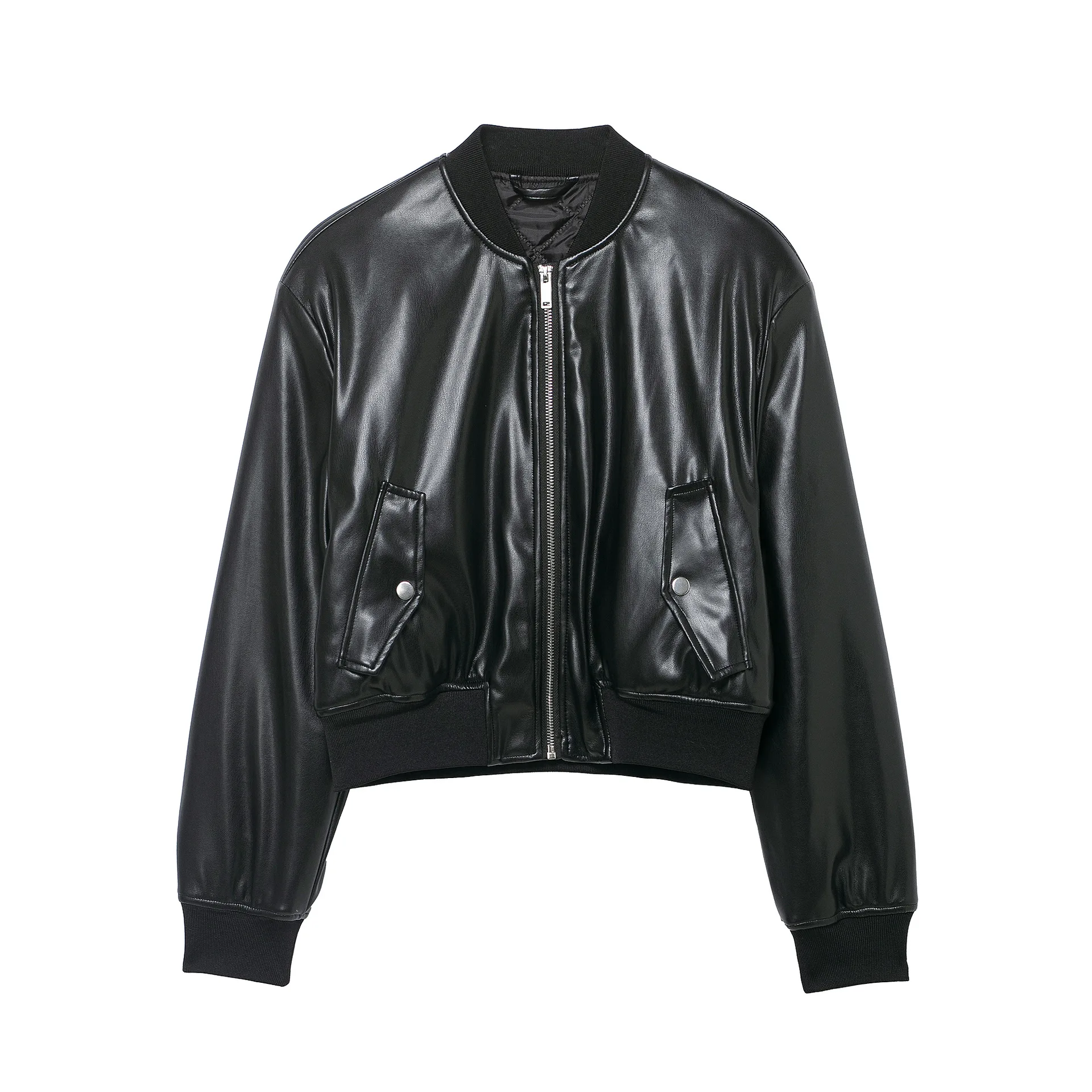 

KIDCRKJ Street Women Spring Leather Outwear Black Round Neck Zipper Fly Jackets For Lady Instagram-Style Chic Female Coat