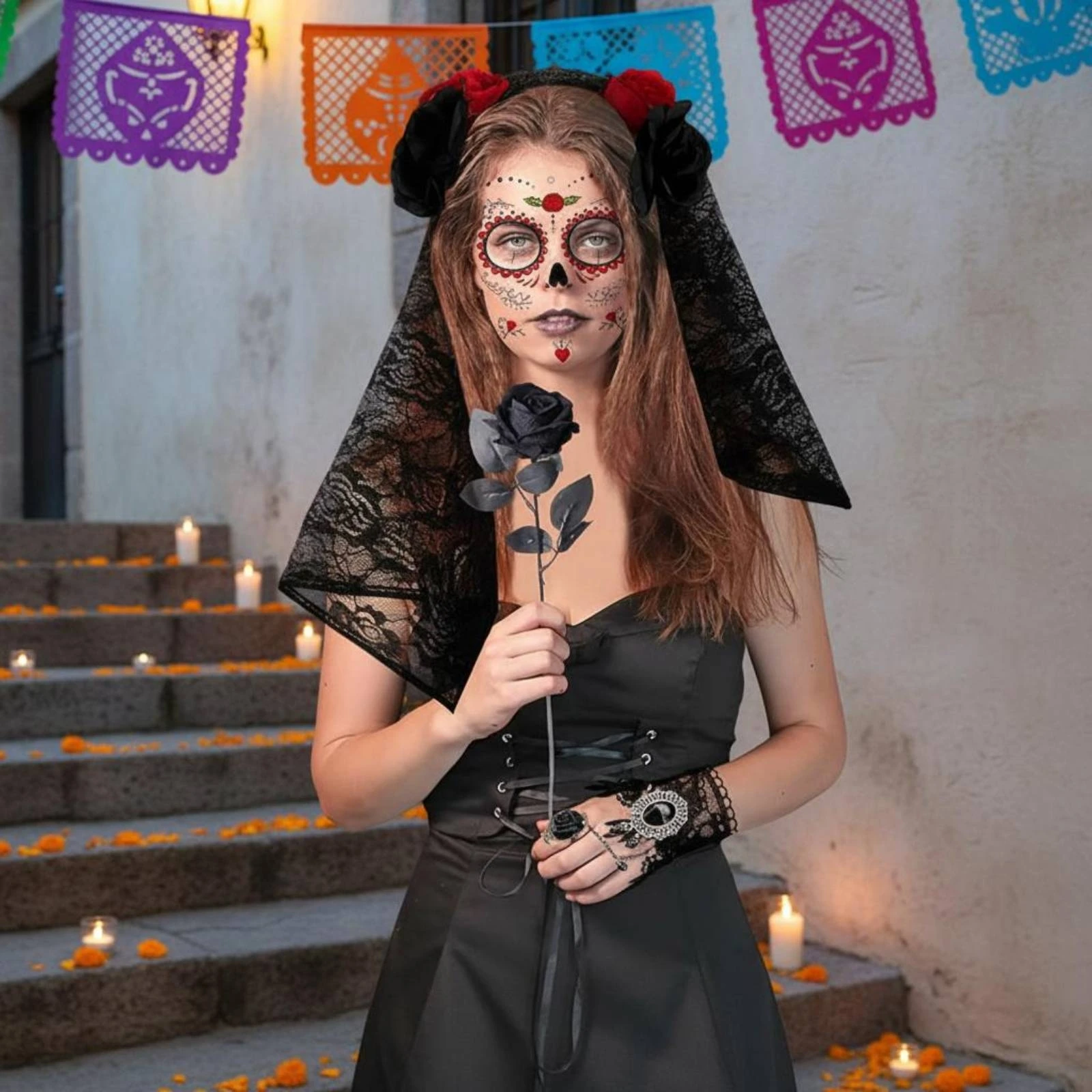 1-5Sets Halloween Lace Veil Headband with Rose Necklace and Bracelet Day of the Dead Costume Accessory for Party Favor