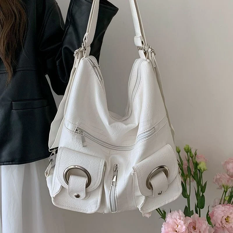 

Lady Korean Simple PU Leather Tote Bag Women Fashion Zipper Pockets Backpack Female New Large Capacity Shoulder Bags