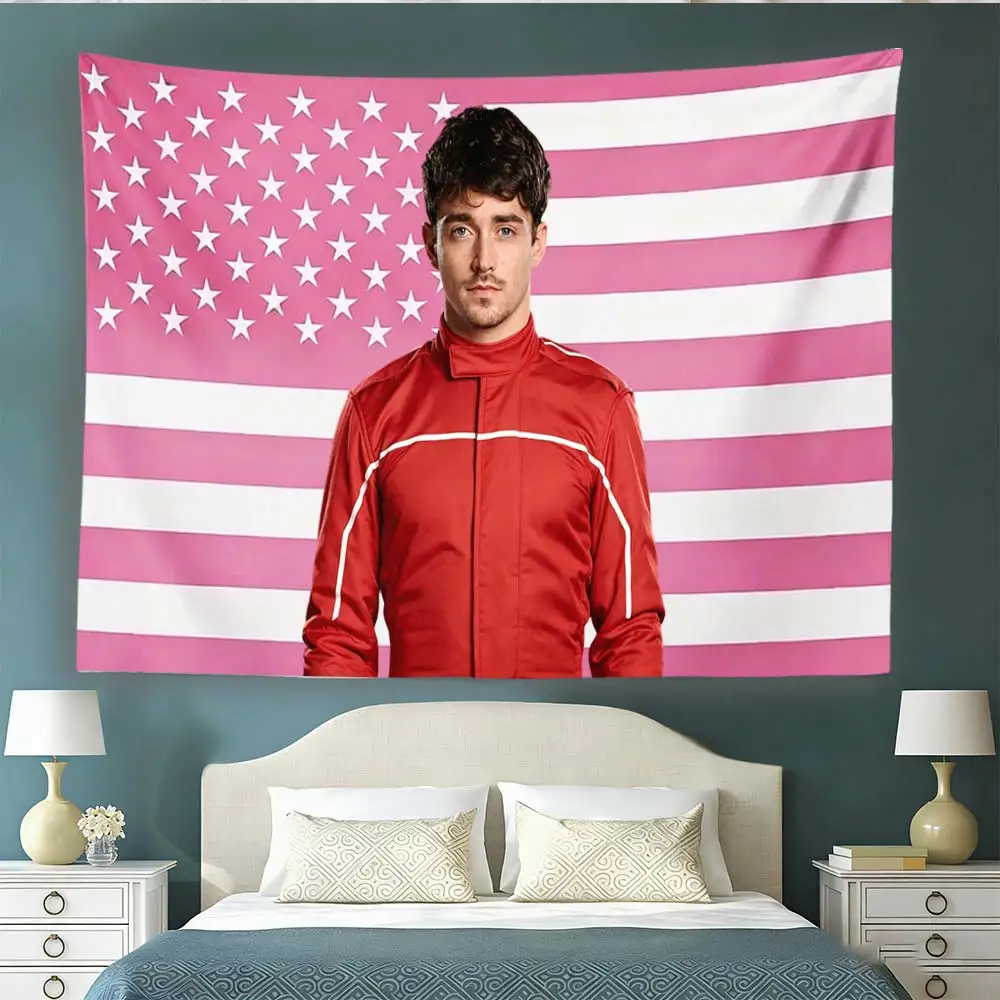 Charles Leclerc Pink American Flag Tapestry F1 Racer Portrait Wall Hanging Fan Bedroom Decor Gift