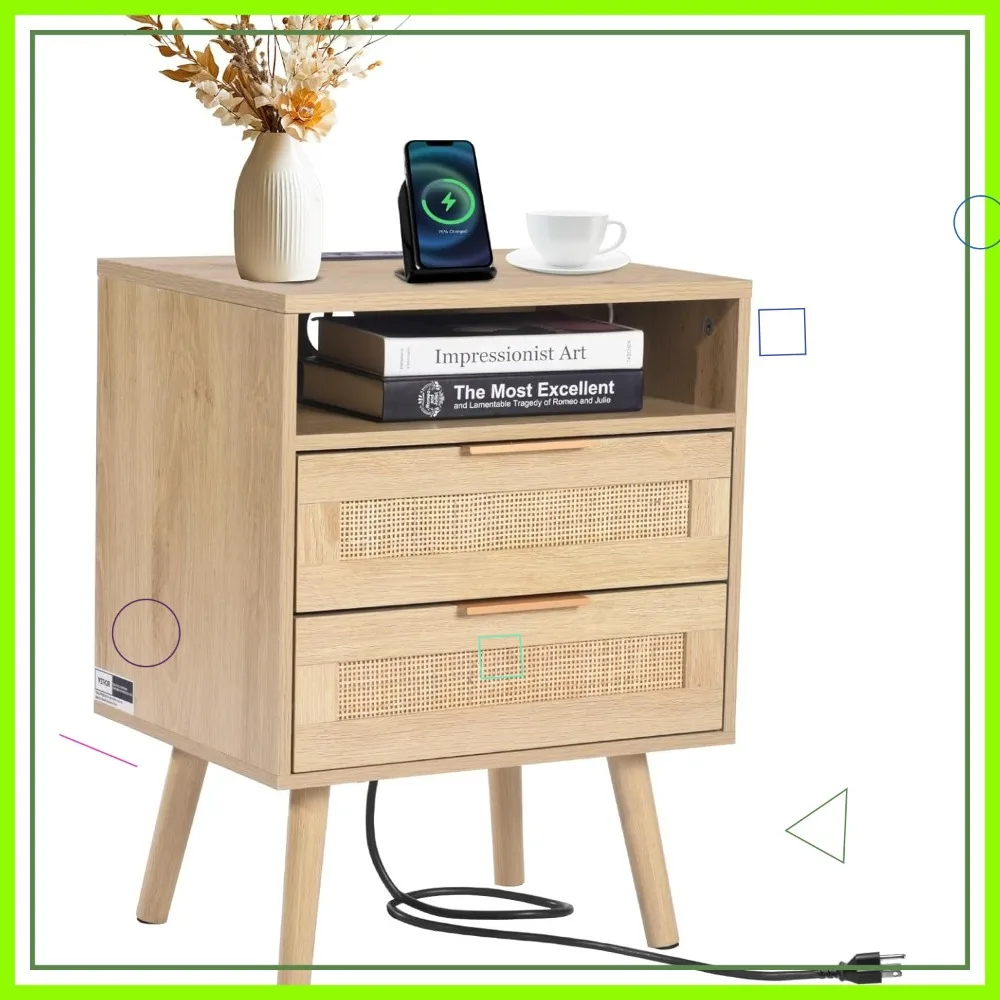 

Boho Rattan Nightstand with Charging Station, 2 Drawers & Open Shelf, Solid Wood Legs Bedside Table for Modern Bedroom