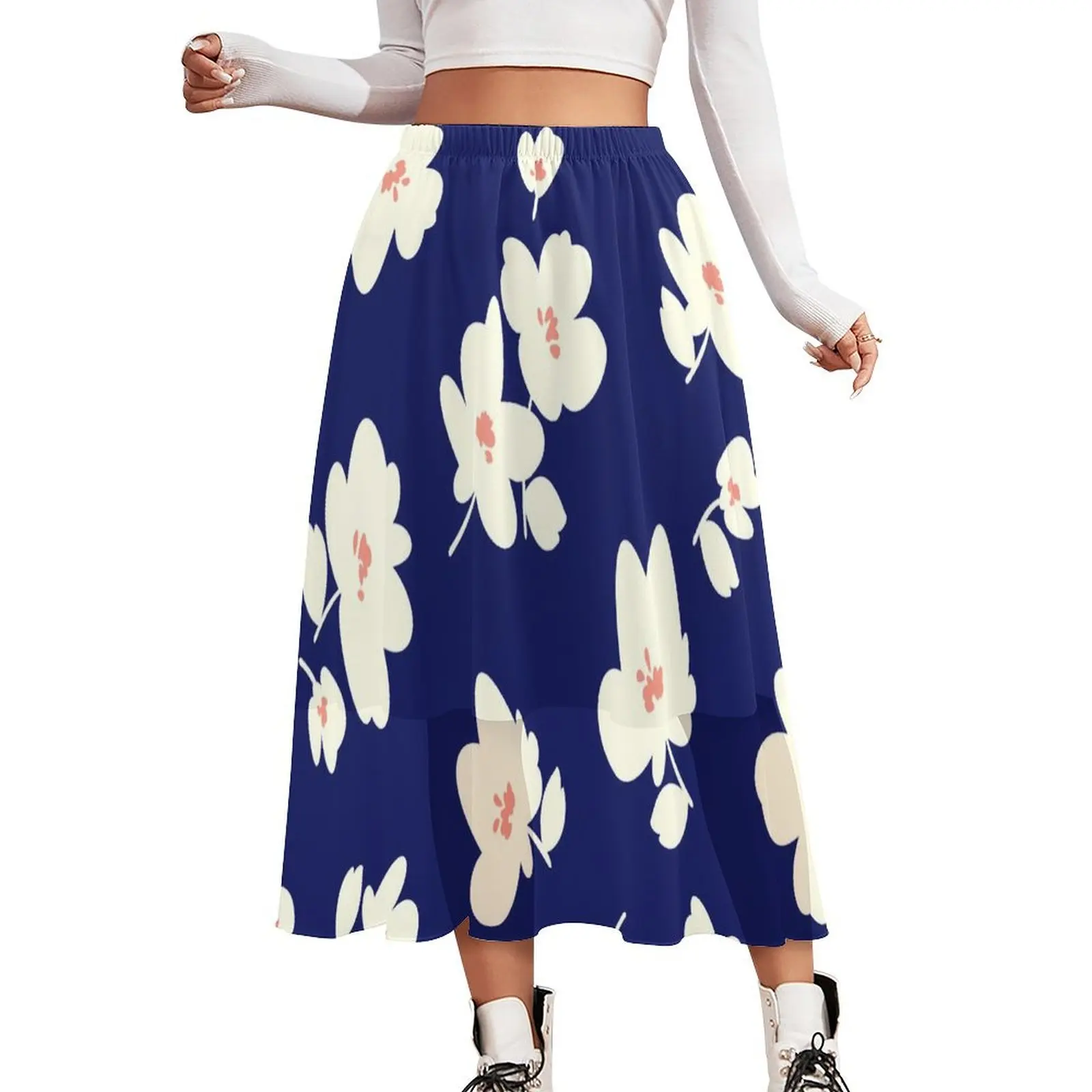 White Daisies Print Skirt Woman Abstract Flower Vintage Boho Skirts Design Elastic Waist Streetwear A-line Skirt Big Size 3XL