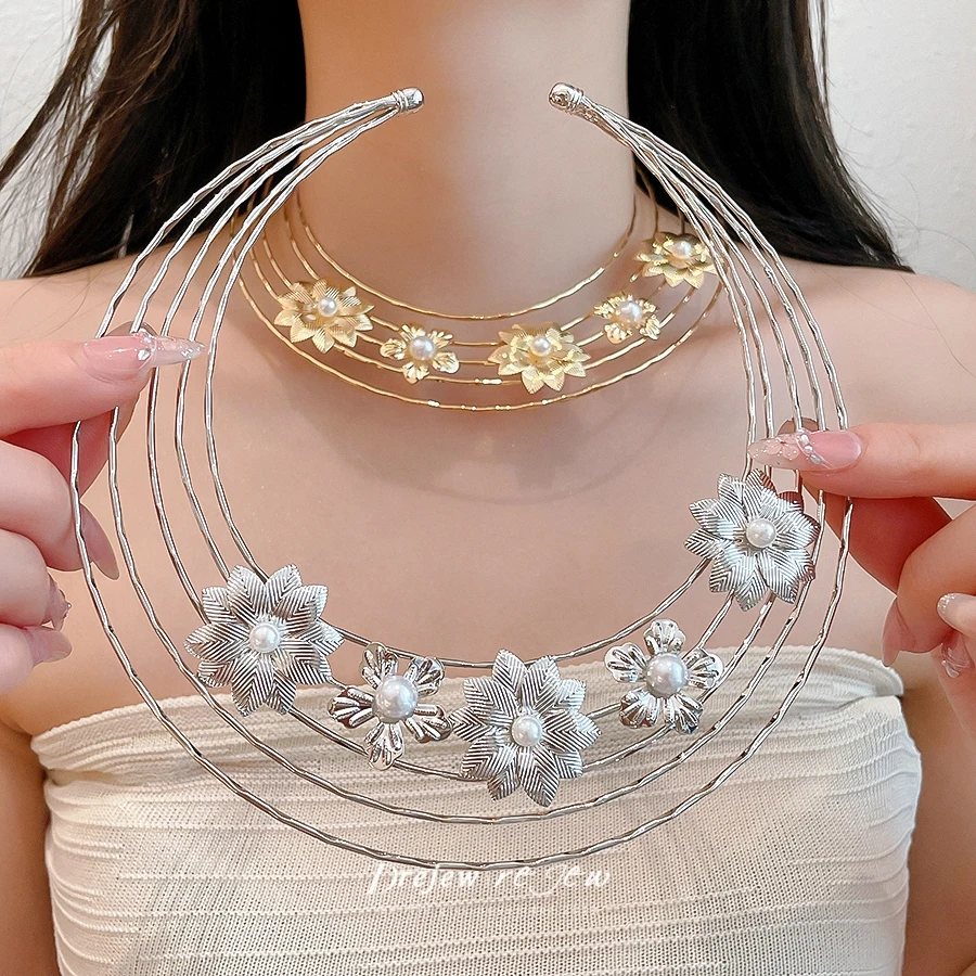 DREJEW Multi-Layer Flower-Shaped Metal Choker Necklaces for Women Options Imitation Pearl Accents Elegant Daily Jewelry