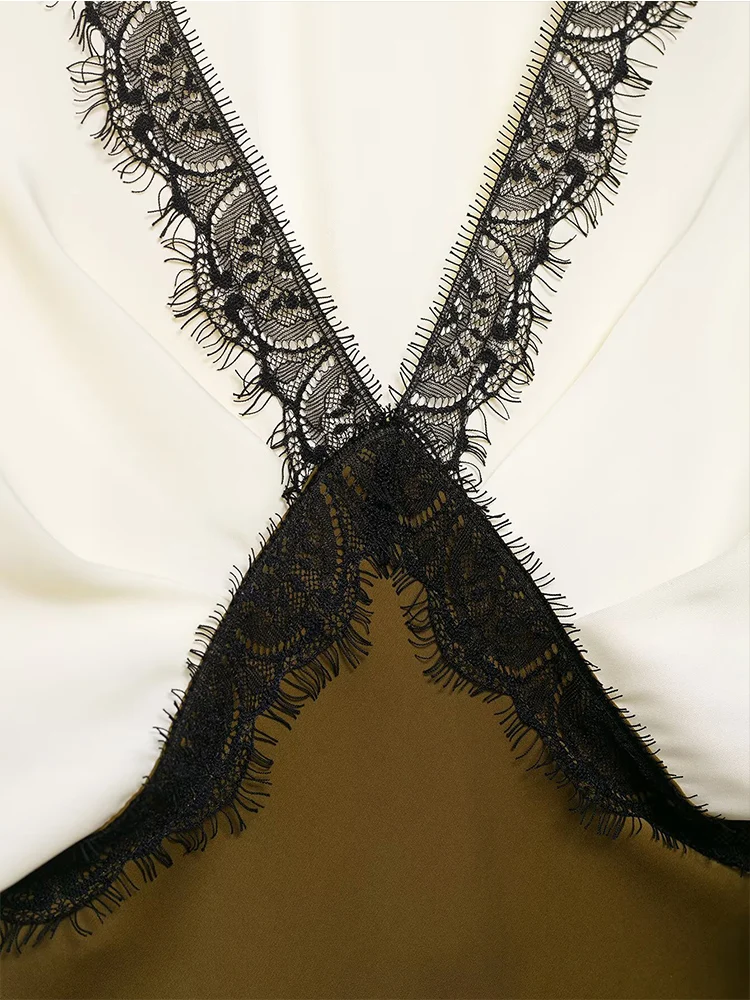 TFMLN المرأة الدانتيل الخامس الرقبة المرقعة فستان موضة عالية الخصر ضئيلة قصيرة الأكمام التباين فستان الحفلات الإناث فستان طويل أنيق #4