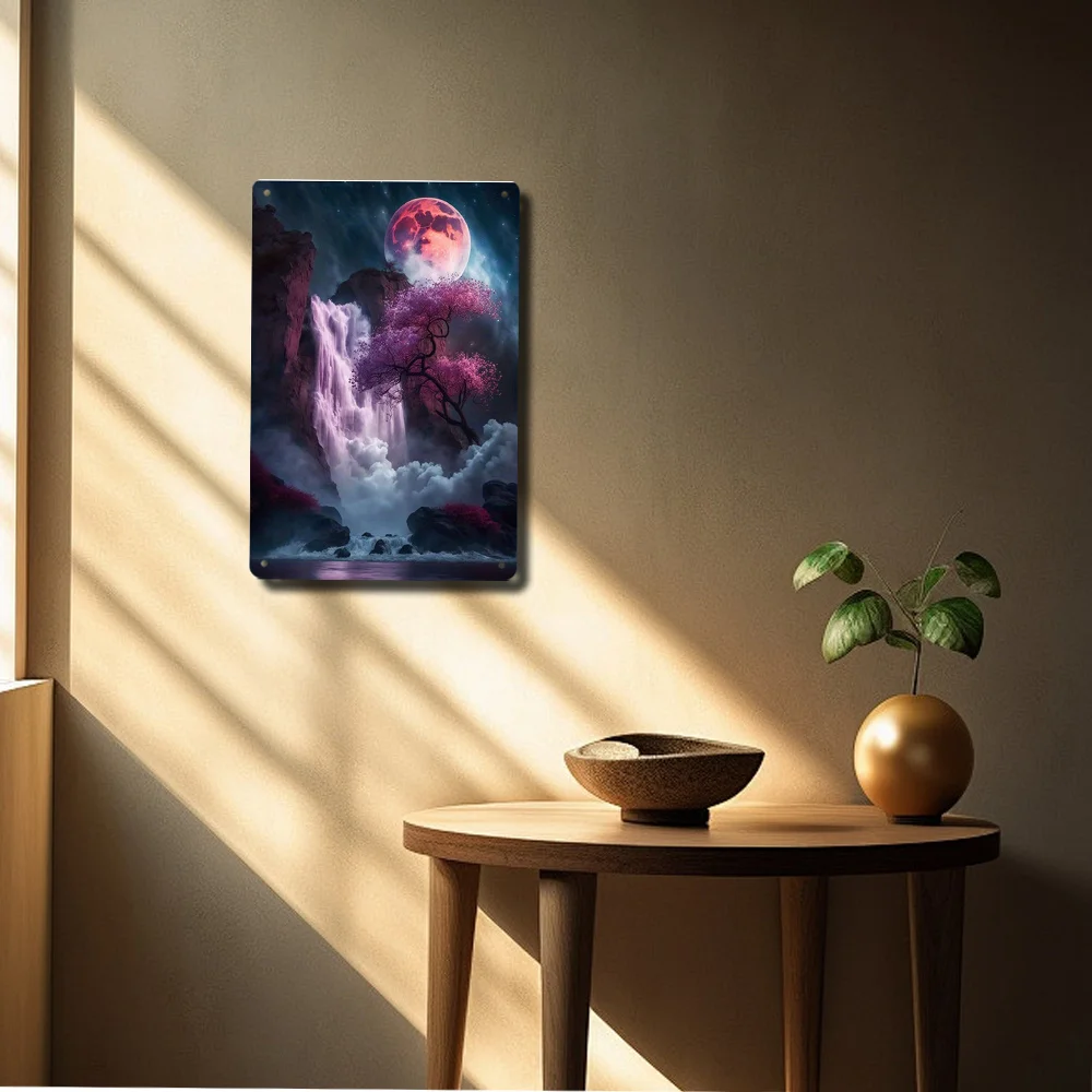 "Dreamy Moonlit Waterfall Tin Painting  Exquisite Natural Landscape Decorative Artwork" Suitable for Home and Office Wall Plaque