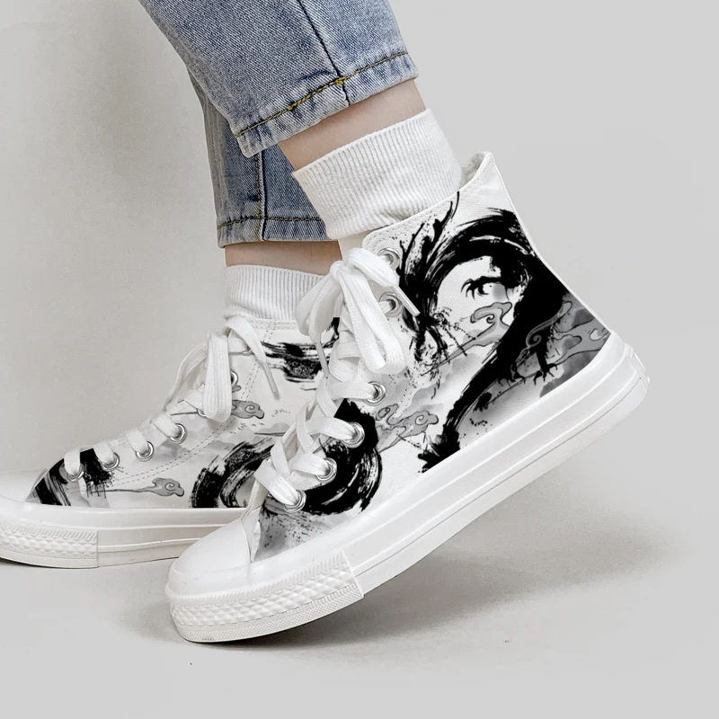 Amy and Michael Original Design The Dragon Shoes Unisex Teenagers Graffiti High Top Canvas Shoes Trendy Women Casual Sneakers