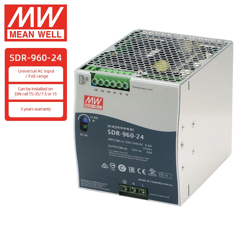 

MEAN WELL SDR 960W 24V 48V Industrial DIN RAIL Power Supply Meanwell High Quality 960W Single Output Supply Power with PFC