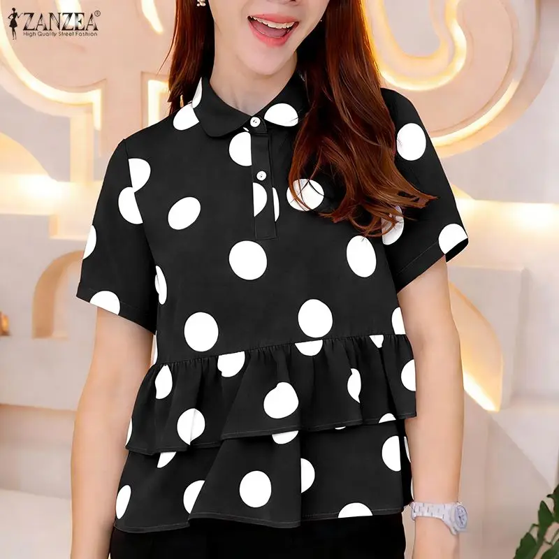 ZANZEA Fashion Short Sleeve Shirts Women Polka Dot Print Blouse 2026 Summer Ruffled Tops Tunic Casual Korean Blusas Femininas view 2