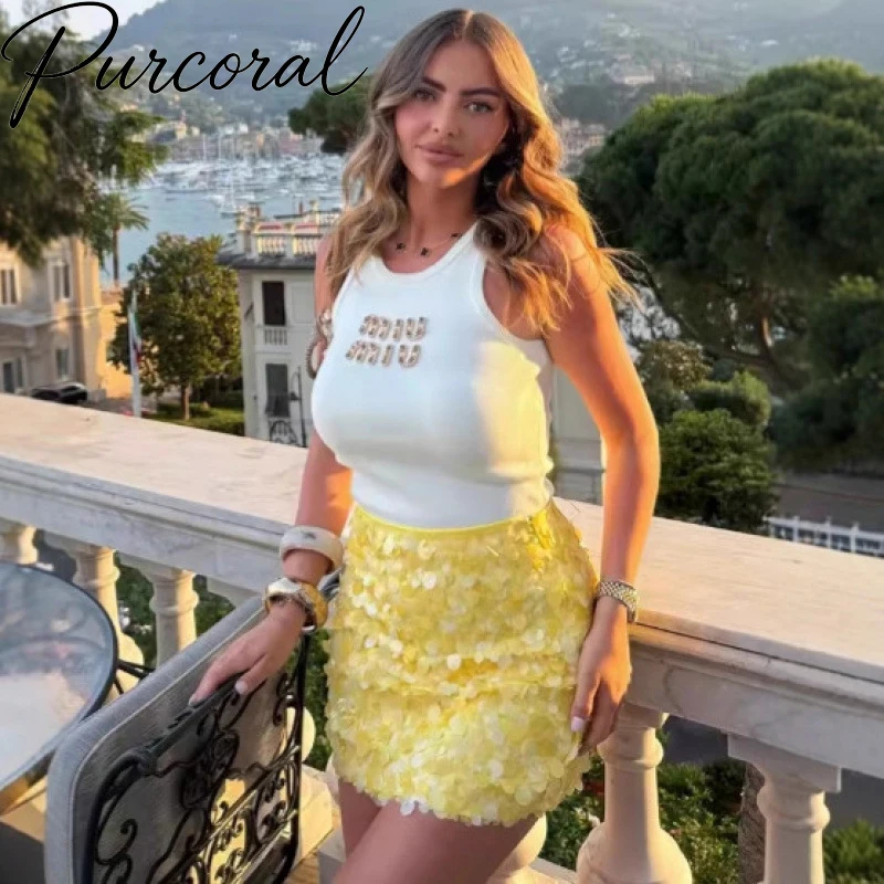 Summer Chic Crystal Letter Halter Vest High Waist Glitter Sequin Short Skirt Female Luxury Beach Vacation Night Club Outfit