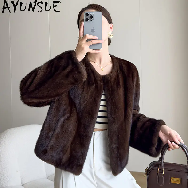 AYUNSUE Whole Mink Real Fur Coat Woman Luxury Winter Fur Jacket Long Sleeve Tops Warm Fur Coats Woman Clothes Roupas Feminina
