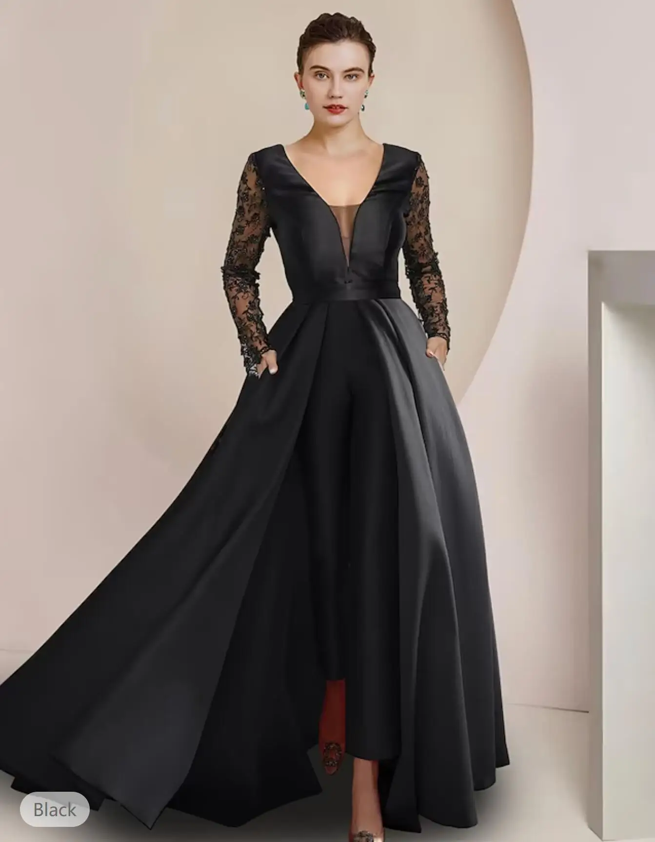 2024Mother of the Bride Dress Lace Satin Floor- Length Vintage Elegant Pleats   Length Sleeve Dress