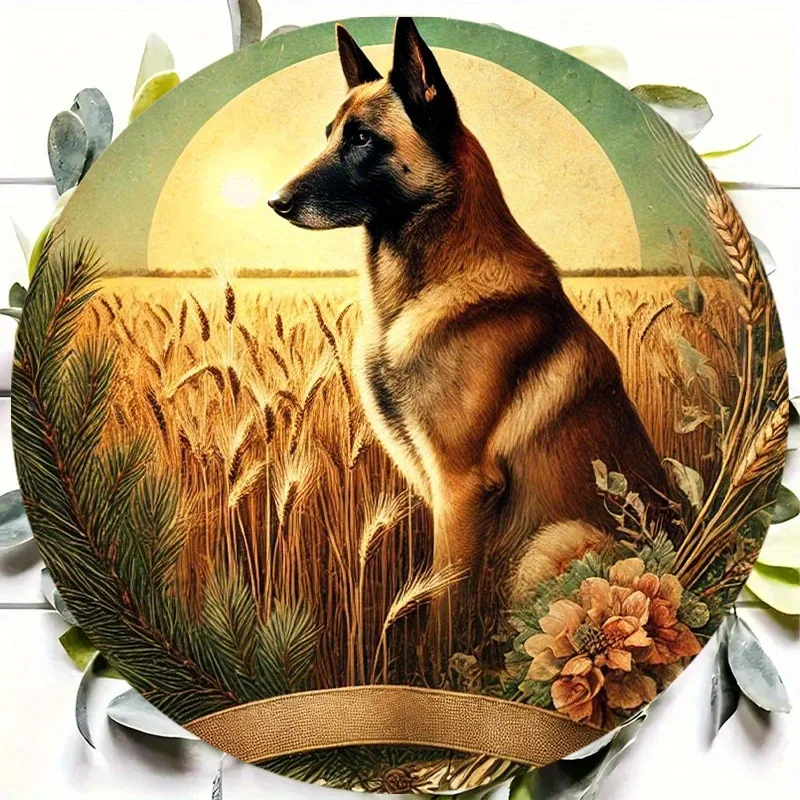 2D Flat, 1pc Belgian Malinois Metal Wall Art - Realistic Farmhouse Decor with Wheat Fields & Sunset, Heavy-Duty Iron Constructio