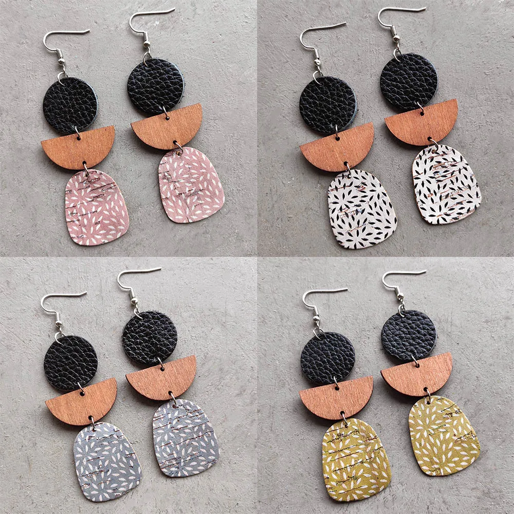 Retro Geometric Leather Cork and Wood Earrings for Women Boho Cork Leopard Pattern Bohemian Earrings Jewelry Friend Wife Gift