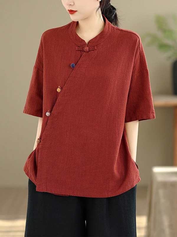 

New Chinese Style Women's Short Sleeve Shirt with Button Side Slit Summer Breathable Casual Loose Fit Tea Ceremony Wear