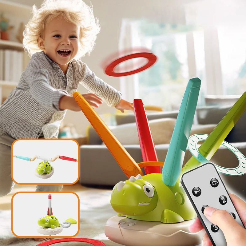 Spinning Dinosaur Toy, 3 In 1 Dinosaur Rocket Launcher, Ring Toss & Musical Jumping Toy For Kids, Dinosaur Sports & Outside Toys