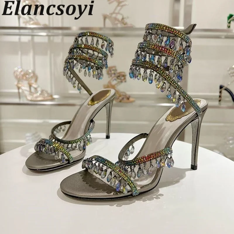 Sandals Summer Rhinestone Tassels High Heels Banquet Shoes Women Open Toe Snake Shaped Winding Stiletto Sandalias Party Shoes
