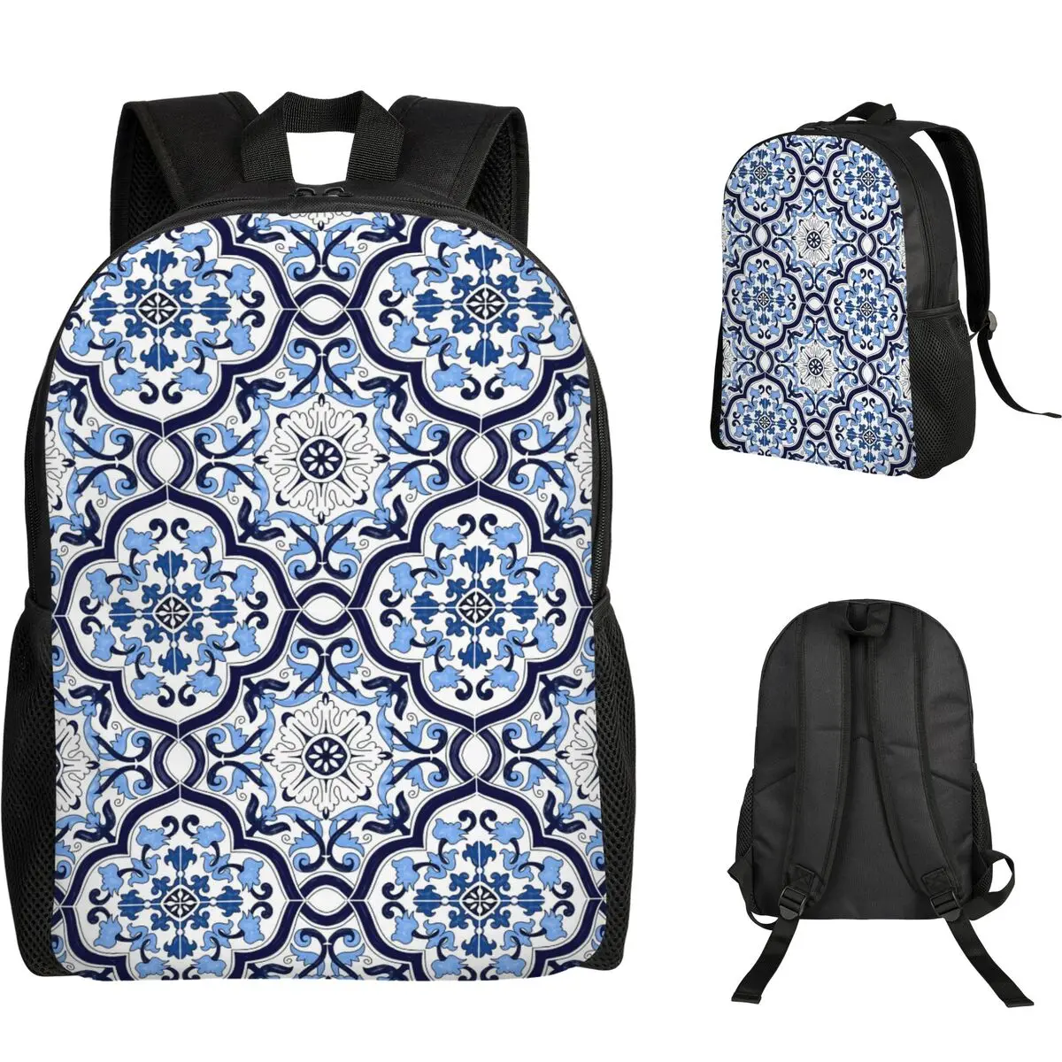 

Blue Ornate Floral Mediterranean Sicilian Tile Student Backpack School Bag Hiking Travel Daypack Fashion Bookbag Shoulder Bags