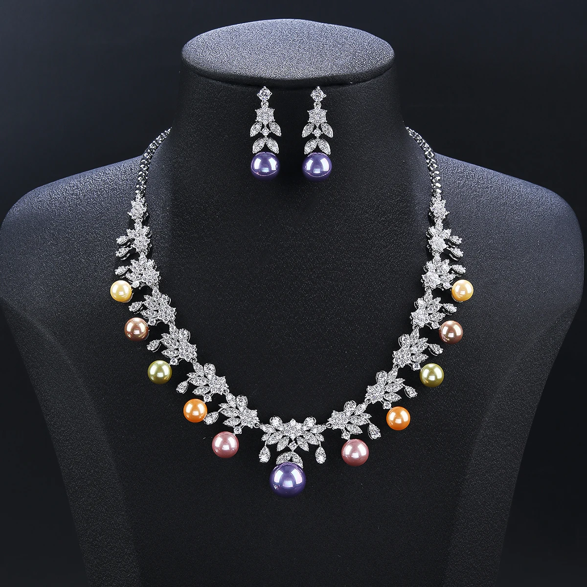 High Quality Cubic Zirconia Colors Pearl Flower Necklace Earrings set Women Party Jewelry Costume Accessories CN11557