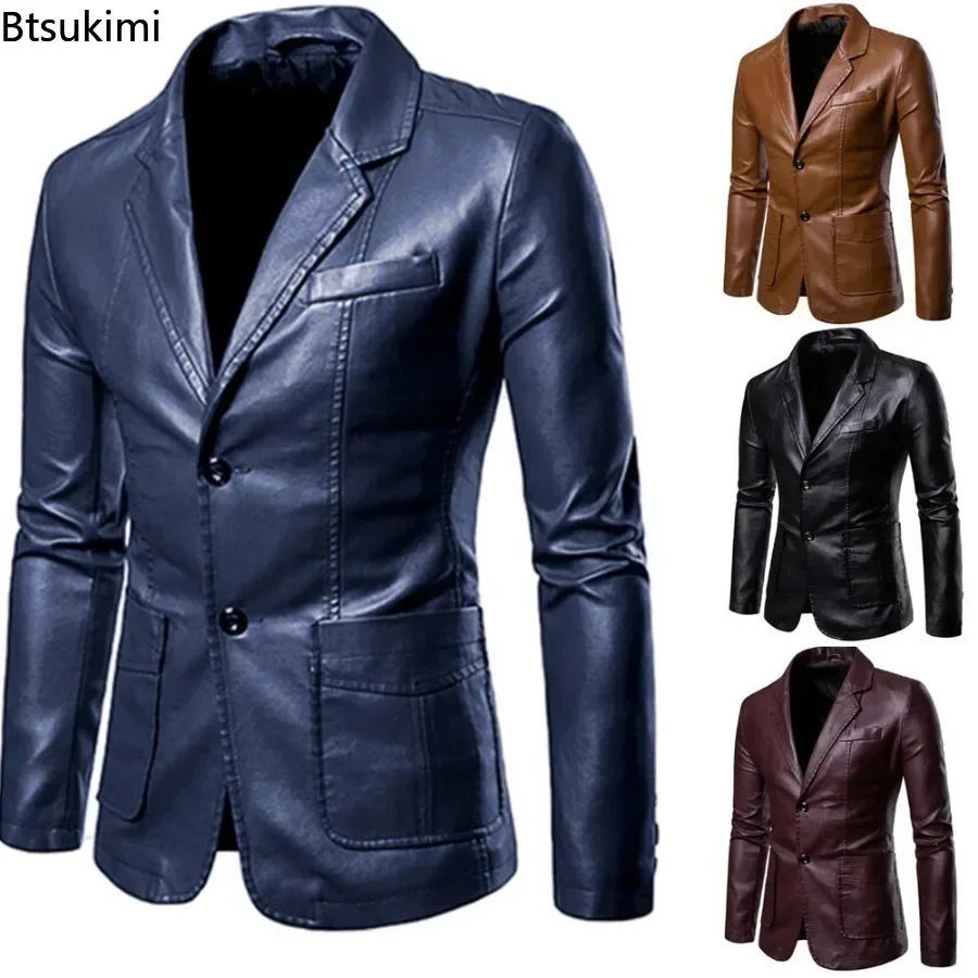 Trajes de cuero para hombre, chaquetas, Blazers, moda delgada, abrigos de cuero PU para hombre, chaquetas, abrigos, chaqueta de cuero de gran