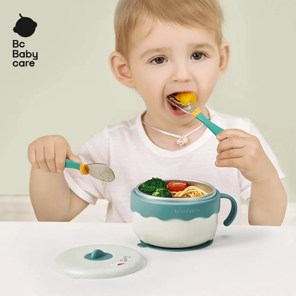 BC Babycare Baby Bowl Silicone Suction Plate Dishes Tableware Water Injection Insulation Stainless Steel Kid Training Dinnerware