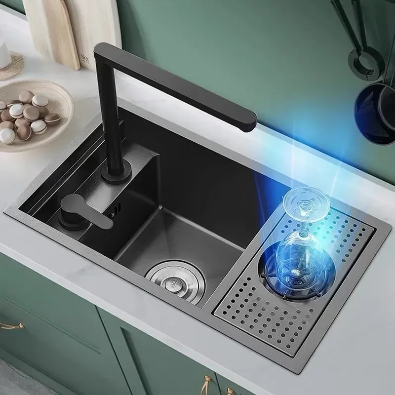 Stainless Steel Invisible Cup Washer Sink Integrated Bar Kitchen Single Basin Dishwasher Vegetable Washing Station Modern